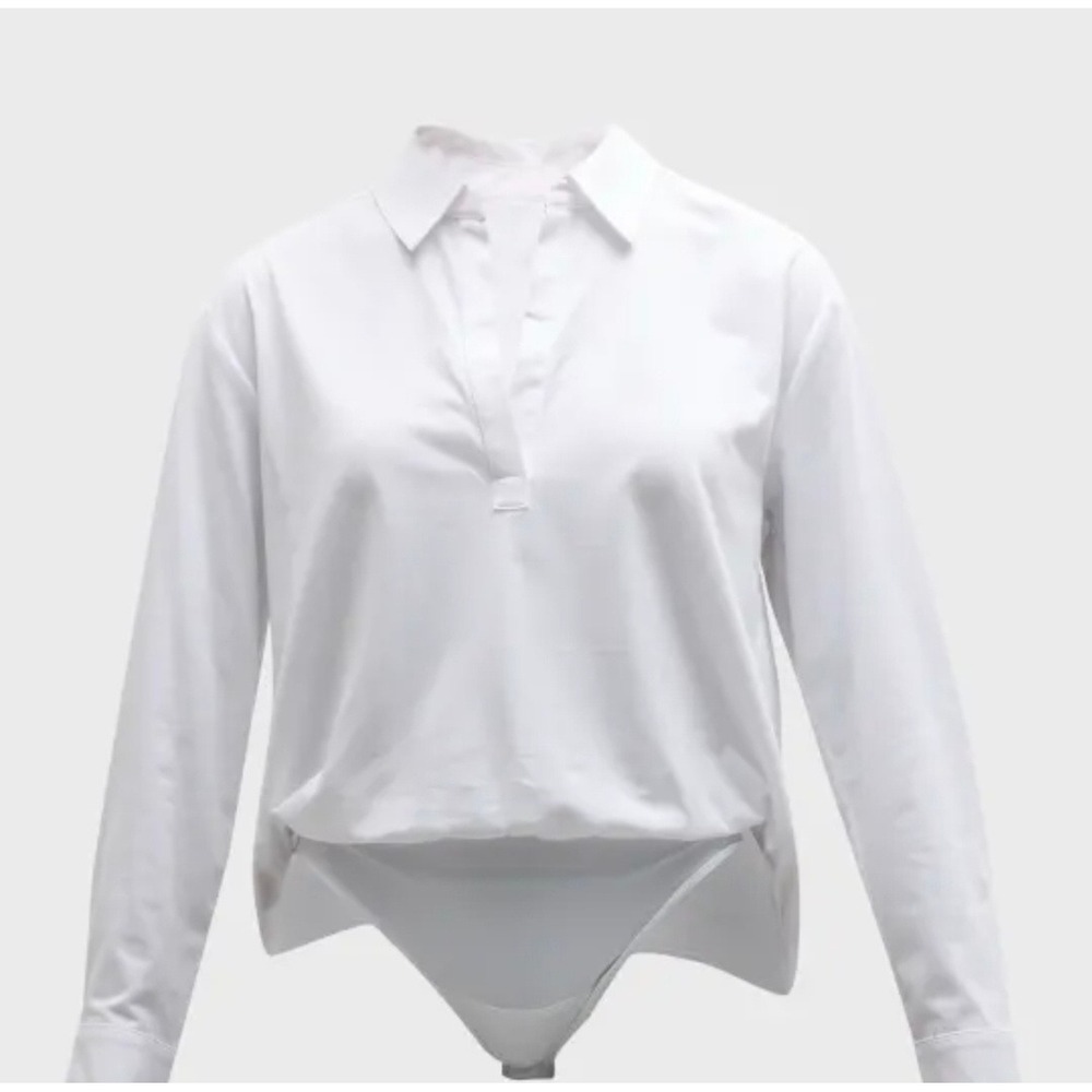 Spanx Perfect Pair White Long Sleeve Button Down Bodysuit XL Oversized V-Neck